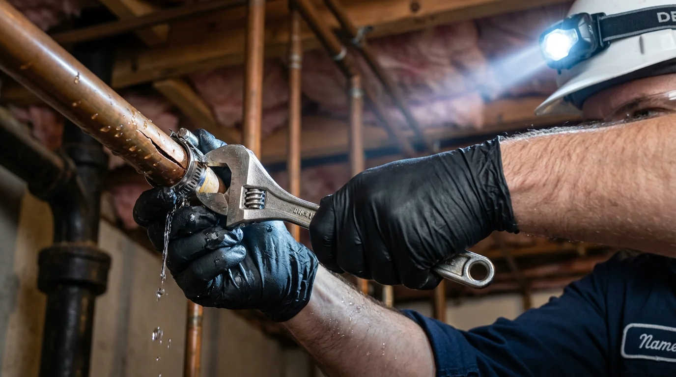 Emergency pipe clamp repair being performed by a Johns Plumbing LLC plumber in Renovo