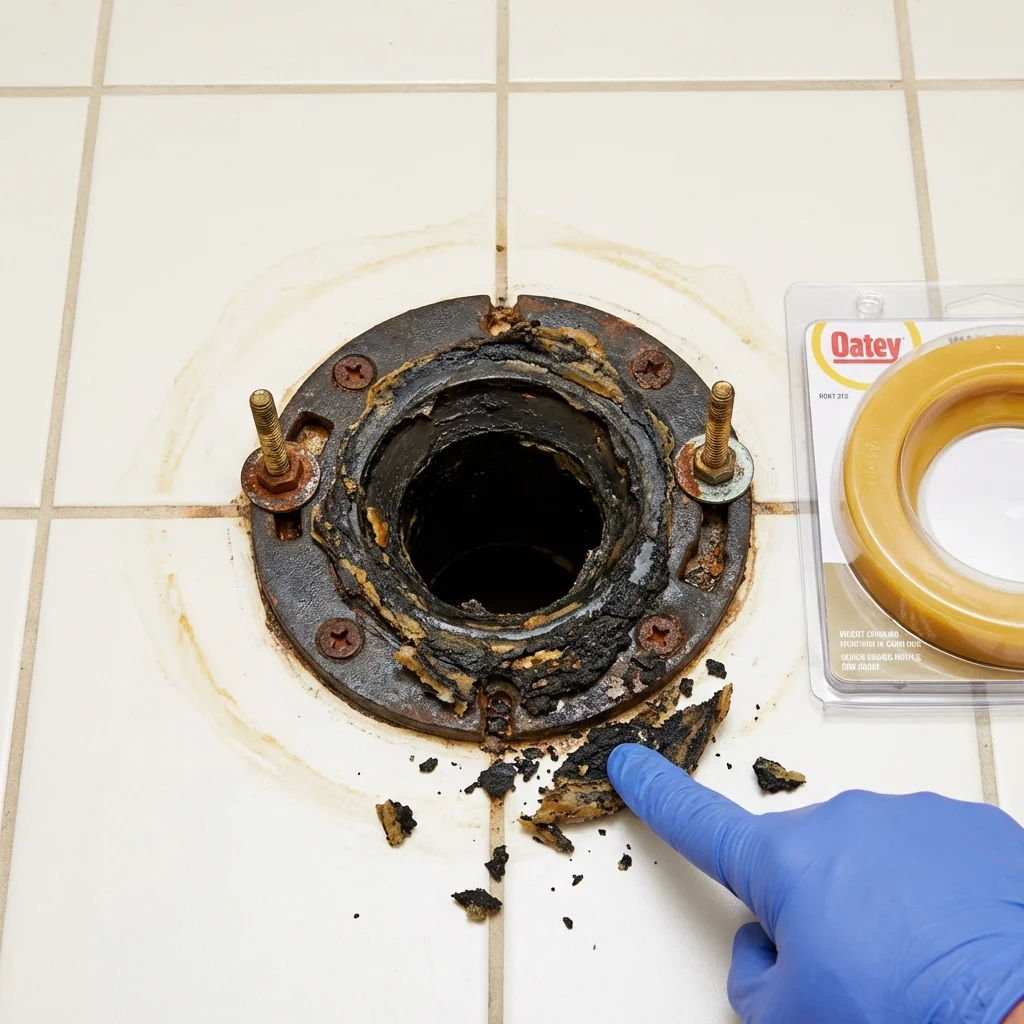 Failed wax ring showing water seepage at the base of a toilet in a Renovo, PA home