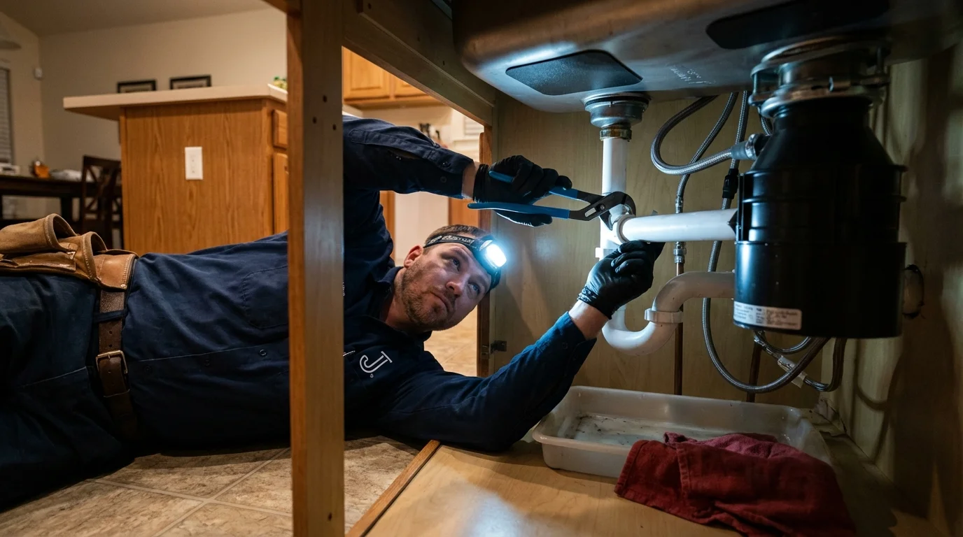 P-trap and supply line connections under a kitchen sink showing a common leak point in Renovo, PA